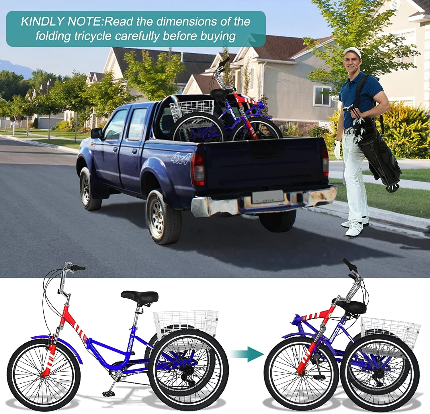 MOONCOOL Adult Folding Tricycle for Adults, 7 Speed 20/24/26 inch 3 Wheels Bikes with Basket, Foldable Tricycle for Adults, Women, Men, Seniors