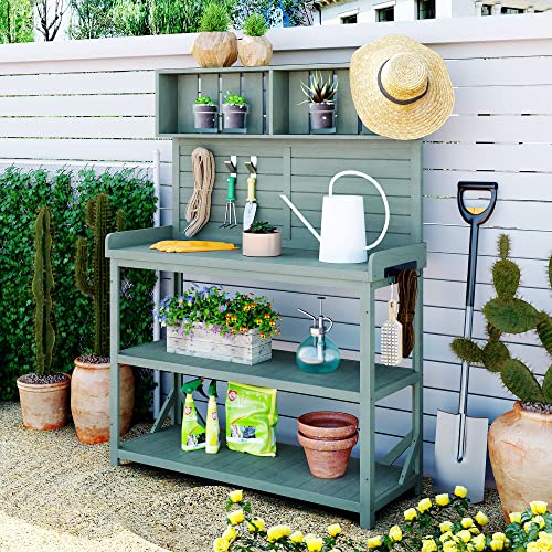 Outdoor Wooden Potting Bench Table – Farmhouse Garden Workstation with Drawers, Cabinet & Storage Shelves, Large Fir Wood Work Table for Patio