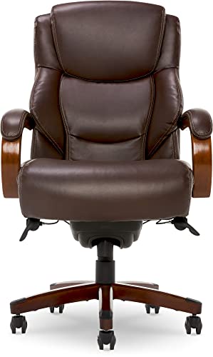 La-Z-Boy Delano Big & Tall Executive Office Chair, High Back Ergonomic Lumbar Support, Bonded Leather, Black with Weathered Gray Wood