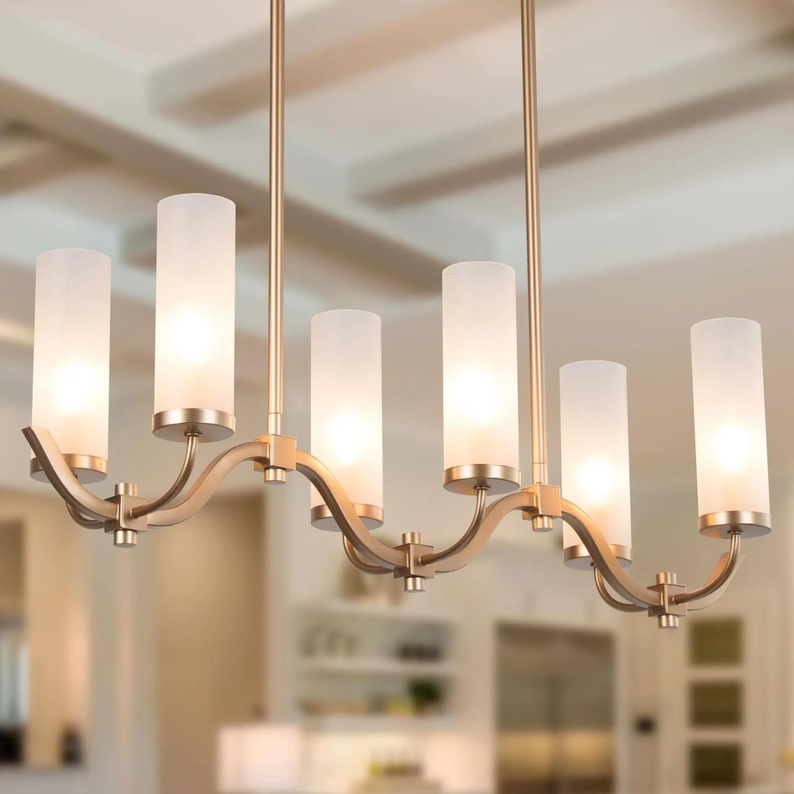 Kayna Mid-Century Modern 6-Light 30" Gold Frosted Glass Linear Chandelier for Dining Room Gold L 30" x W 9" x H 17"