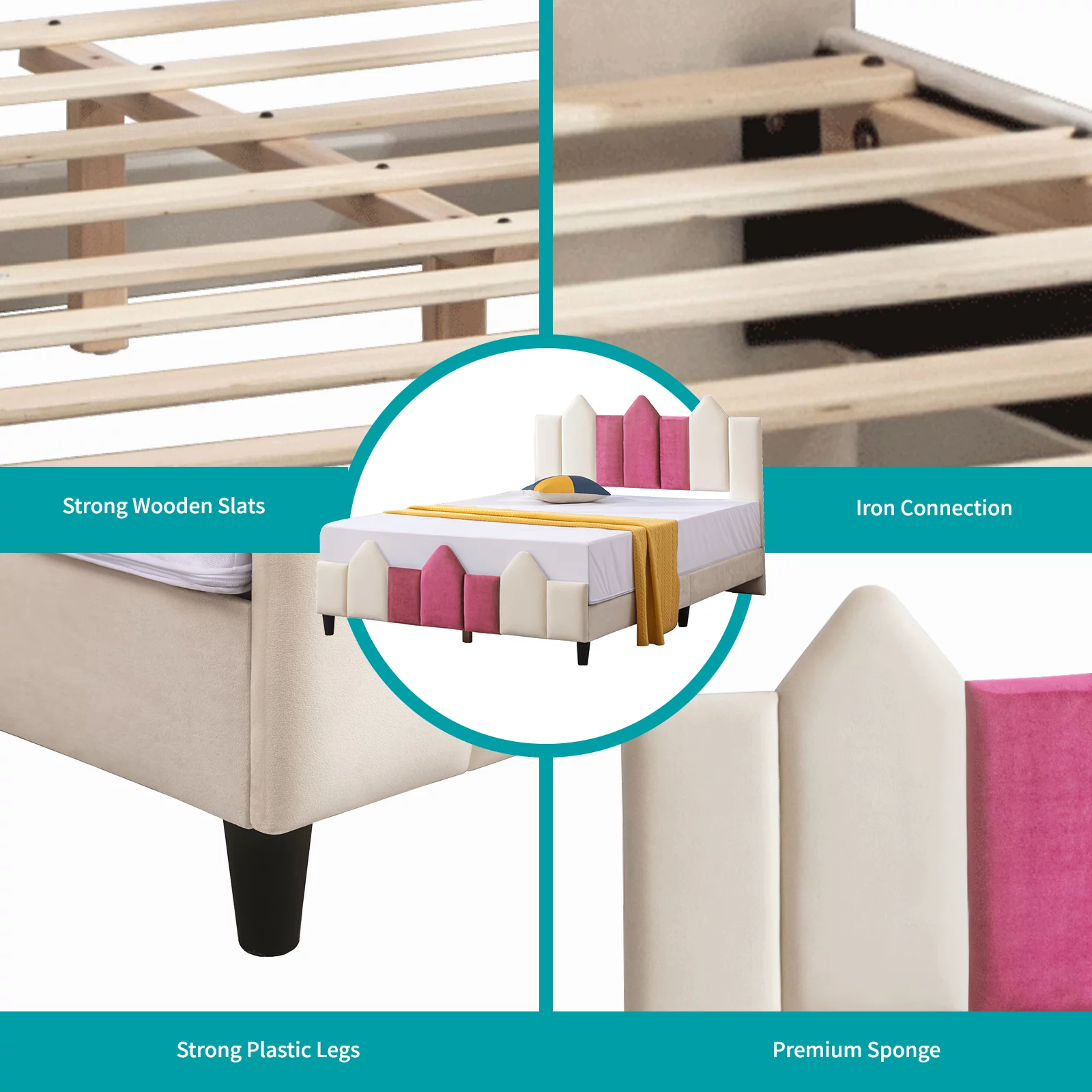 BALUS Full Bed Frames for Kids, Wood Upholstered Bed Platform with Headboard, Children Bedroom Kids Bed, No Box Spring Needed, Easy Assembly
