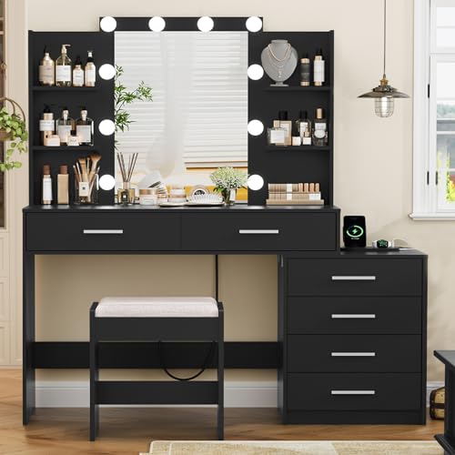Quimoo Large Vanity Desk with LED Lighted Mirror & Power Outlet,Makeup Vanity Table with 7 Drawers,4 Shelves and 5 Hooks,Vanity Table