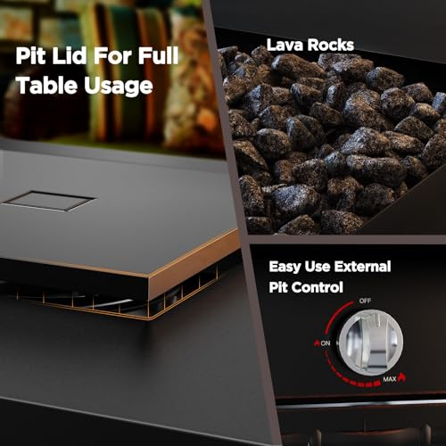 Ciays 42 Inch Gas Fire Pit Table, 60,000 BTU Propane Pits for Outside with Steel Lid and Lava Rock