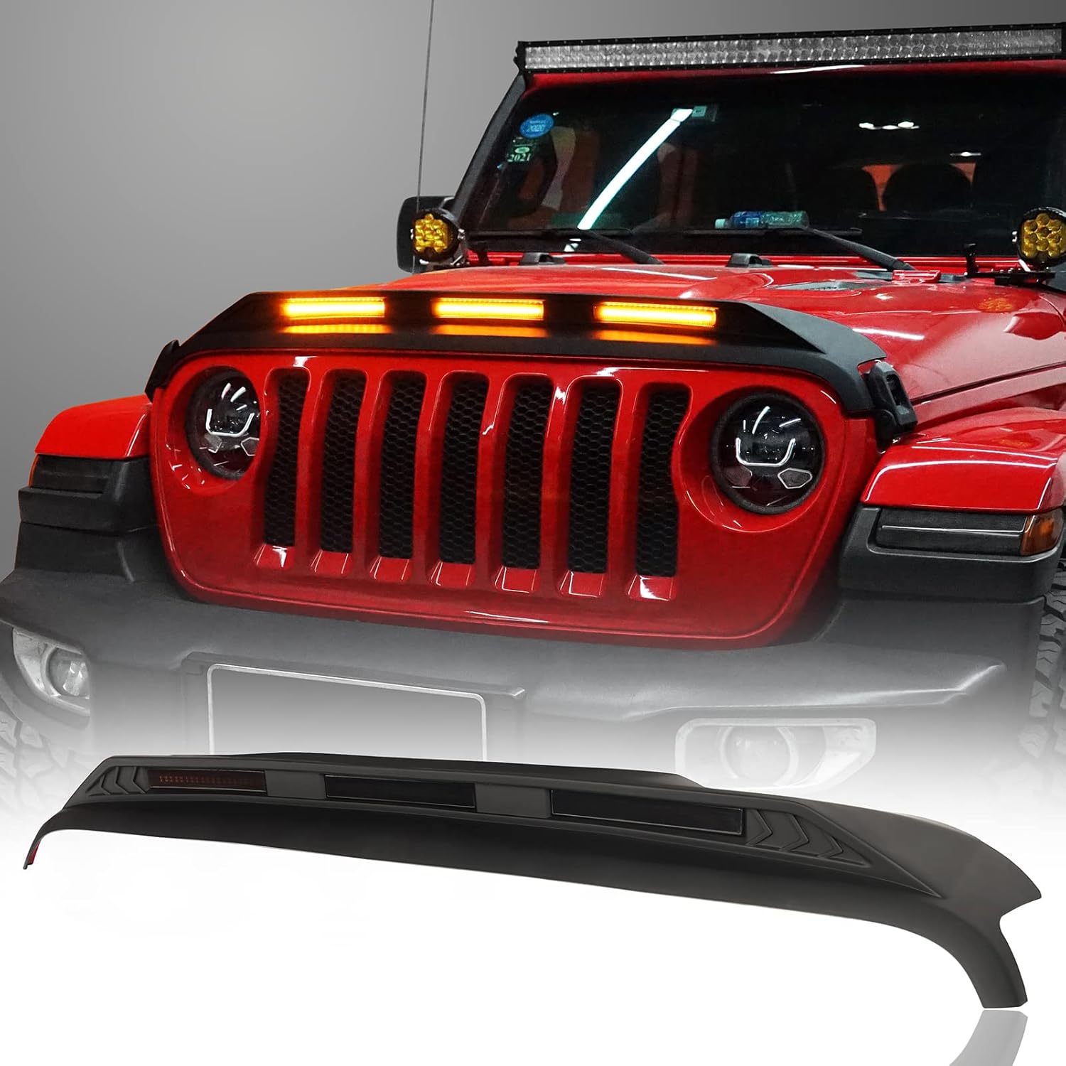 Hooke Road Bug Deflector Shields Hood Protector Guard w/Amber Lights Compatible with Jeep Wrangler JL 18-22