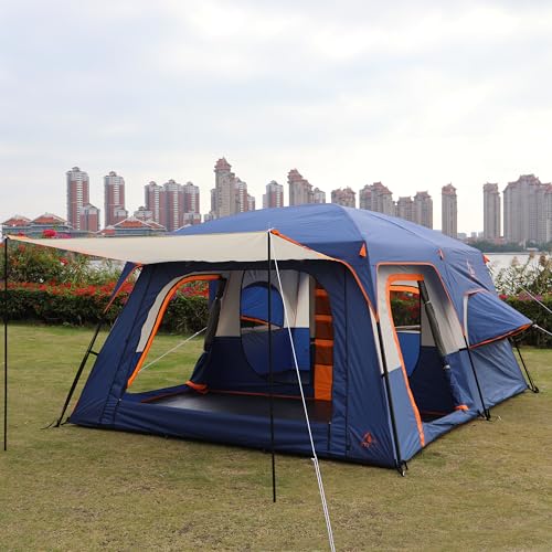 KTT Extra Large Tent 10-12-14 Person(B),Family Cabin Tents,2 Rooms,3 Doors and 3 Windows with Mesh,Straight Wall,Waterproof,Double Layer