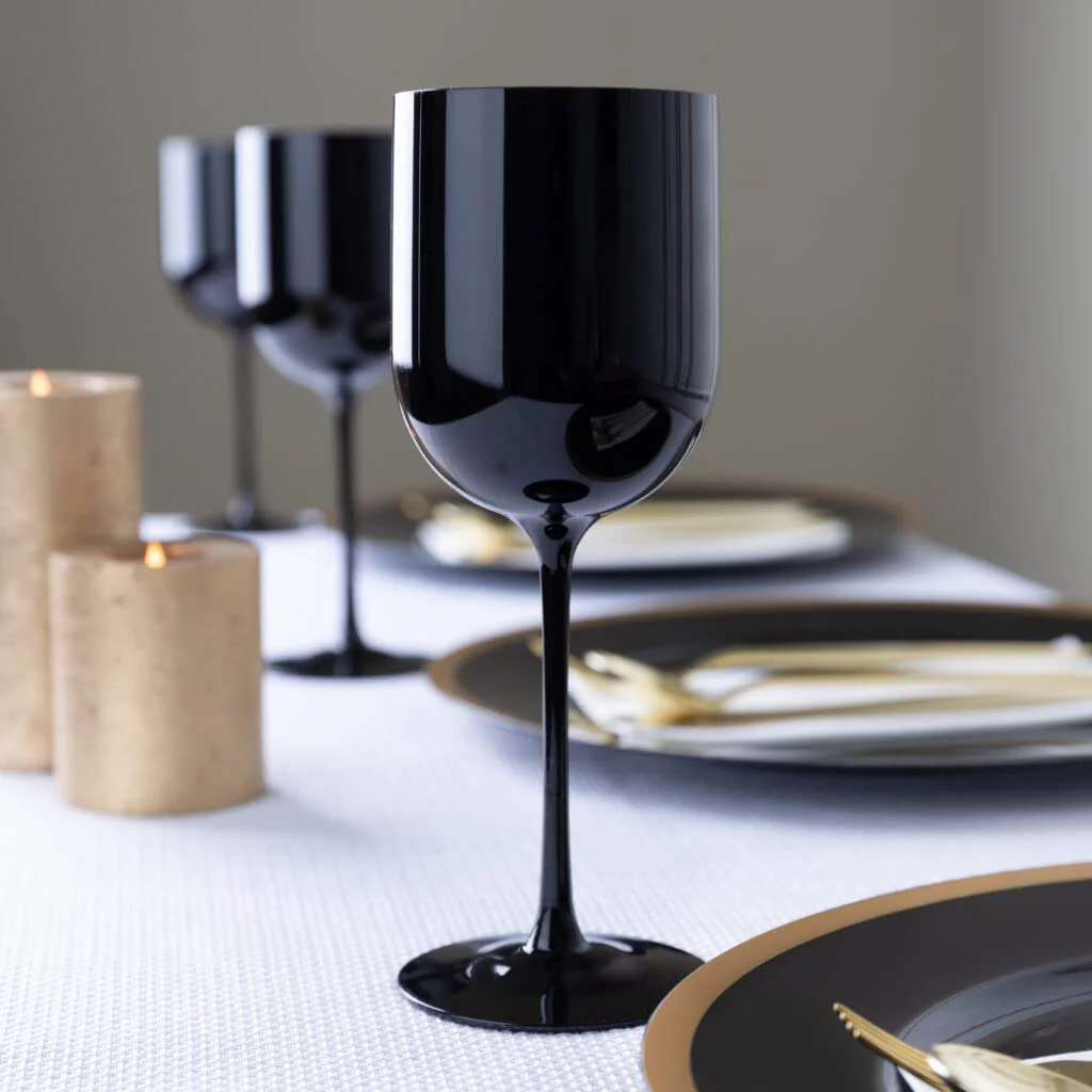 (60 PACK) EcoQuality Black Plastic Wine Glasses - 12 oz Wine Glass with Stem, Disposable Shatterproof Wine Goblets, Reusable
