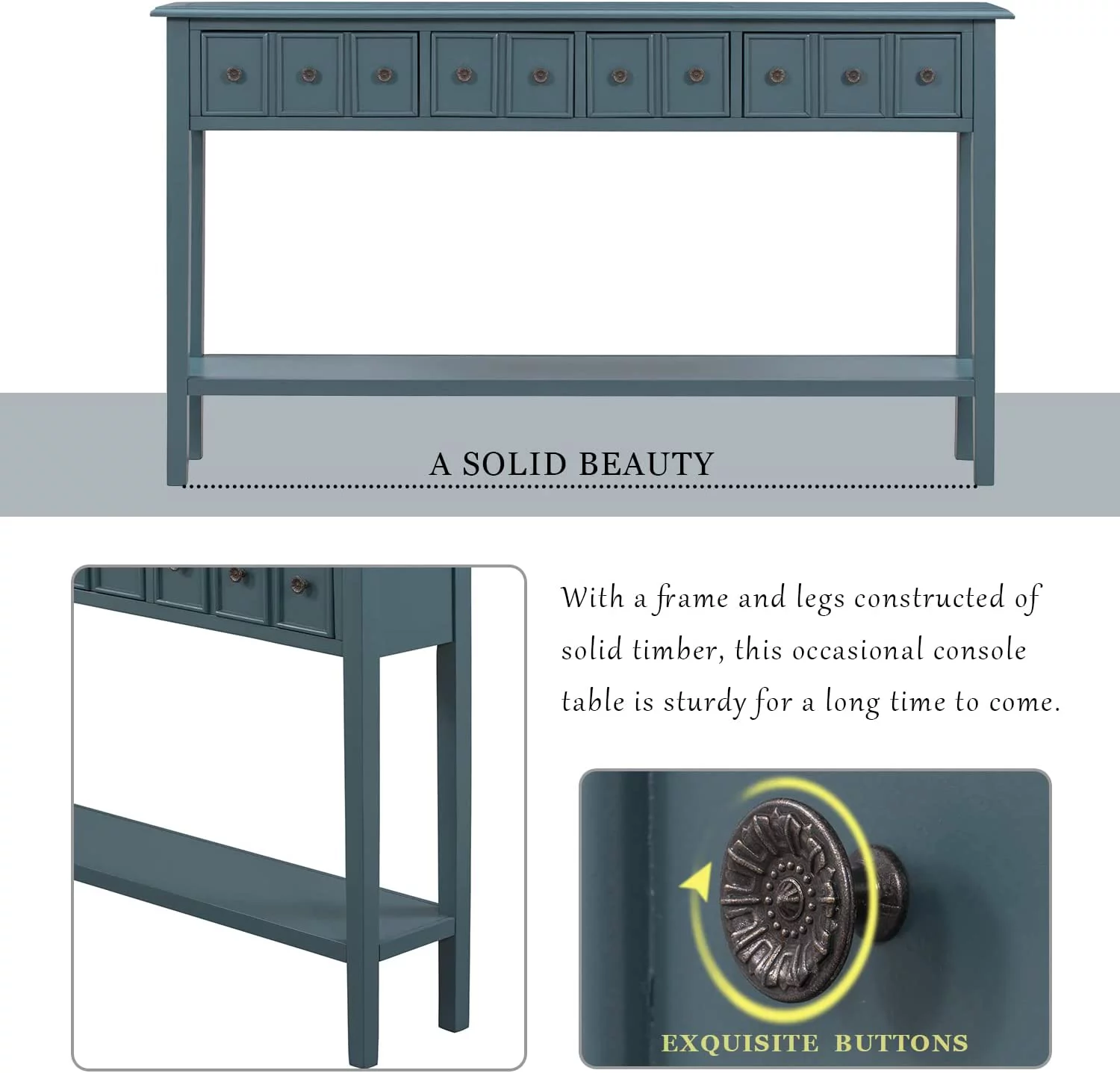 Console Table  Rustic Entryway Table  60" Long Sofa Table with 2 Different Size Drawers and Bottom Shelf for   Navy