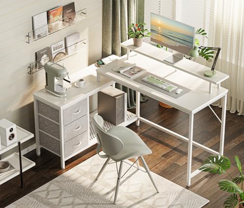 Huuger Reversible L Shaped Computer Desk with Drawers, Gaming Desk with LED Lights and Power Outlets, Office Desk with Storage Shelves
