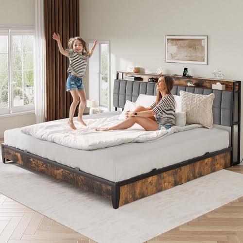 YITAHOME Queen Size Bed Frame with RGB LED Lights and 4 Drawers, Upholstered Platform Bed with Charging Station and Storage Headboard