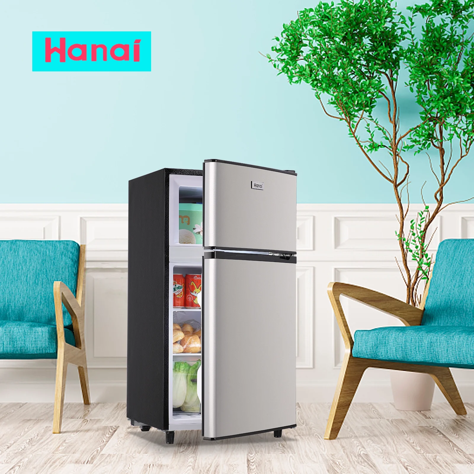 WANAI 3.5 Cu.ft Dual Door Mini Fridge with Freezer Compact Retro Refrigerator with Wire Rack Silver