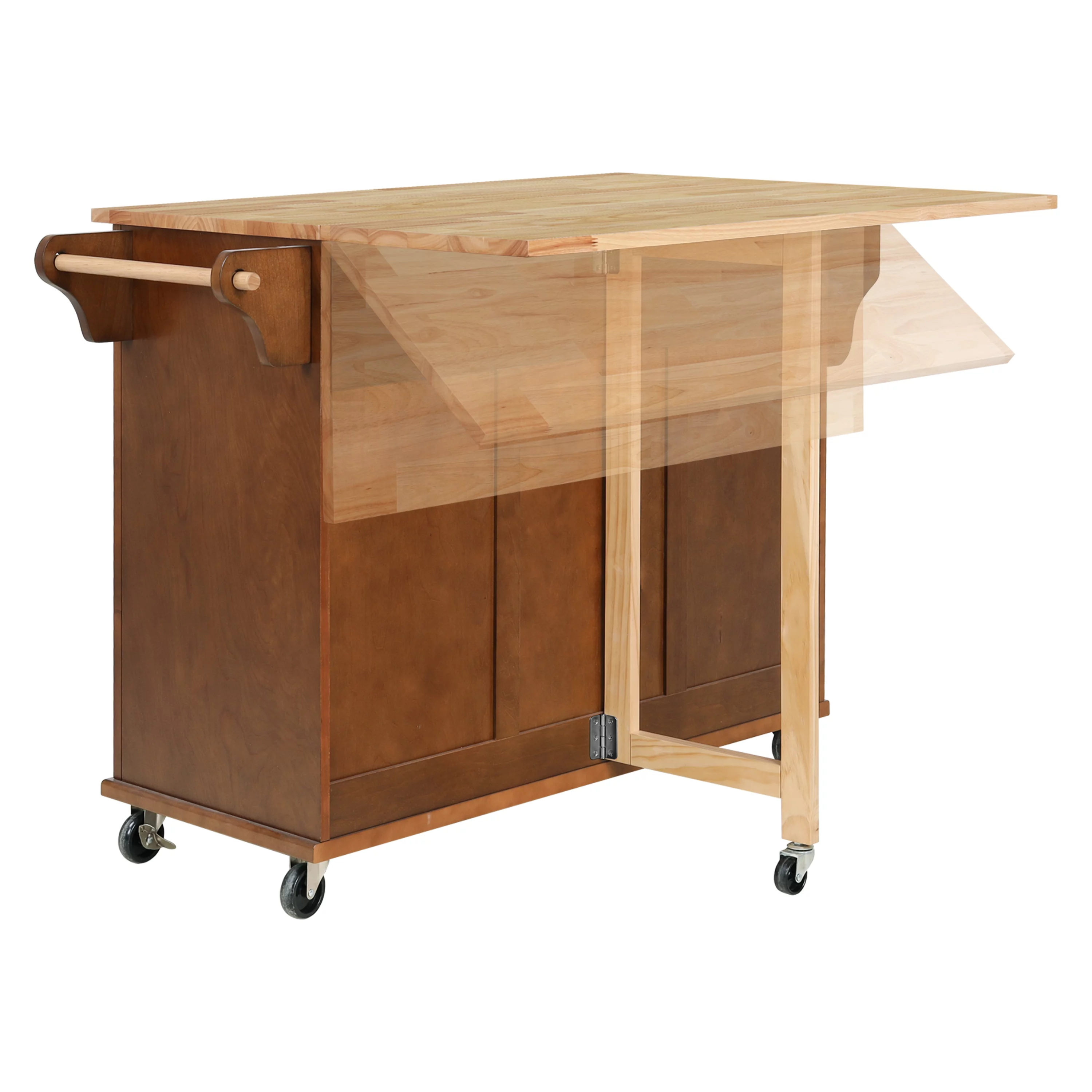 Rolling Kitchen Island Cart with Large Storage Cabinet on Wheels, Solid Rubberwood Countertop with Drop Leaf, Greenguard Gold Certified, 4-Droors
