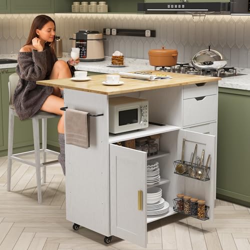 Rolling Mobile Kitchen Island Cart Bar with Drawer and Desktop Drop Leaf Countertop, Island Table Storage with 5 Wheels