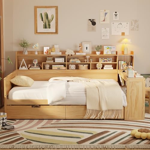 Corner Twin Bed Frame with Bookcase Storage and Desk, Wood Day Beds with 2 Drawers, Twin Size Daybed with Storage for Living Room