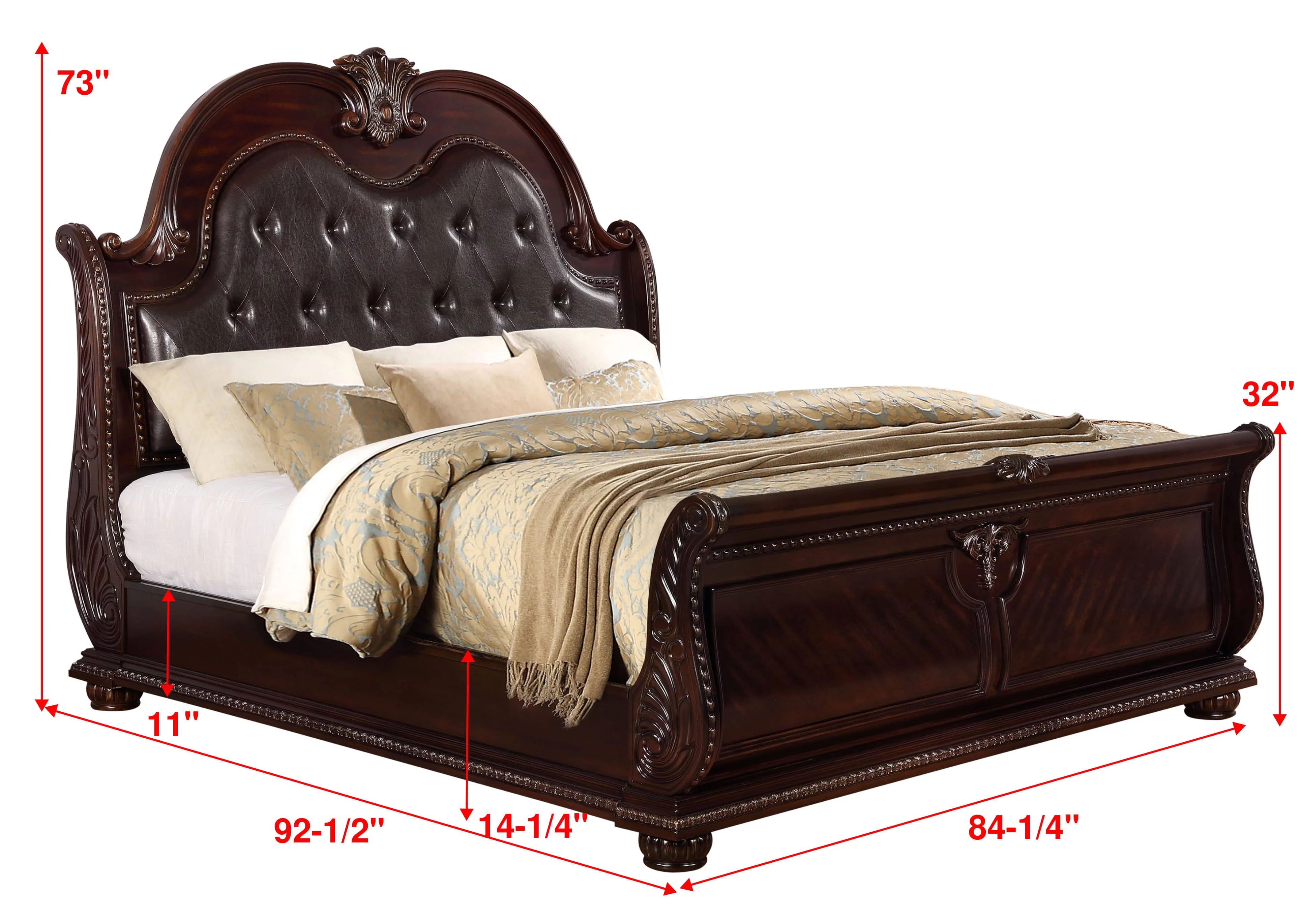 Traditional Formal 6pc Set King Size Faux Leather Upholstery Panel Bed Cherry Finish Marble Top Solid Wood Furniture