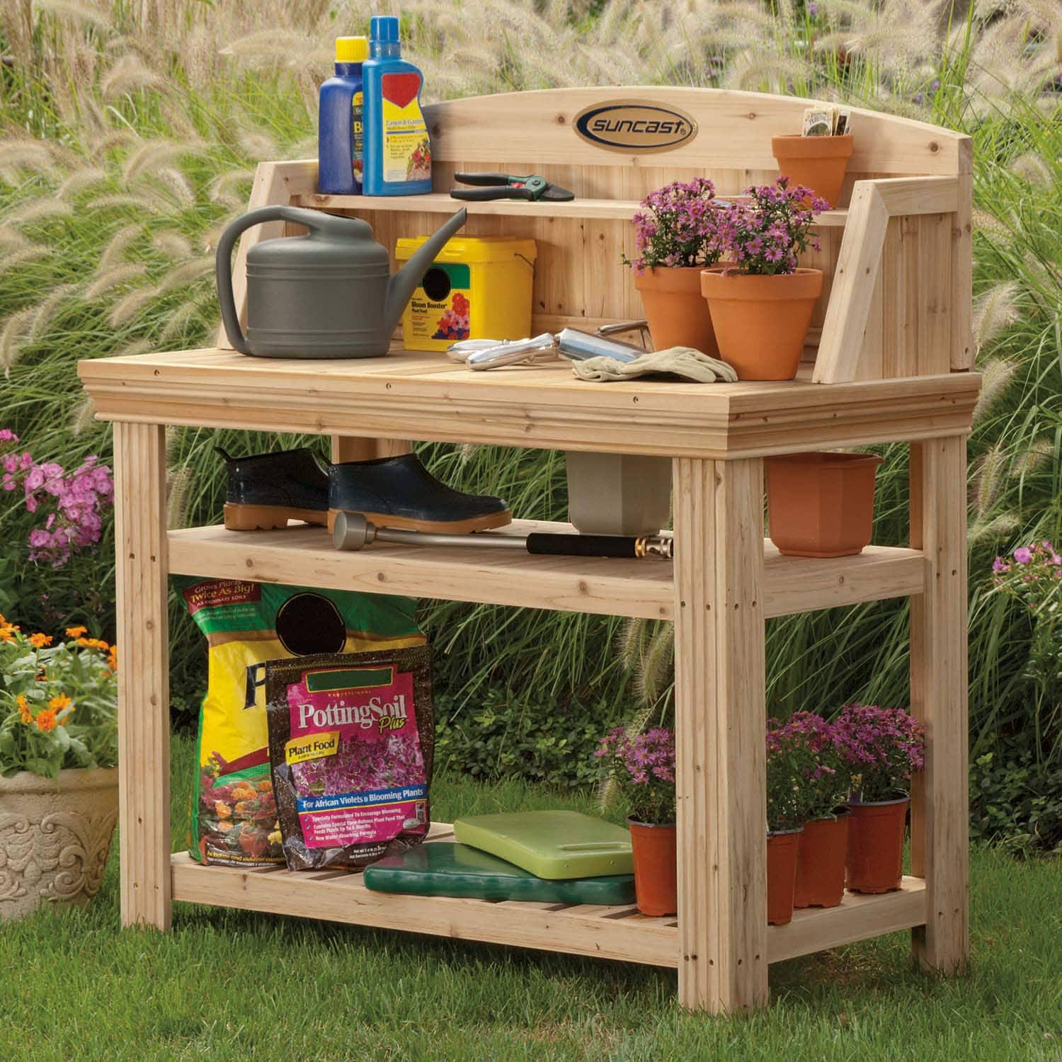 Suncast Cedar Rectangle Potting Bench, Brown