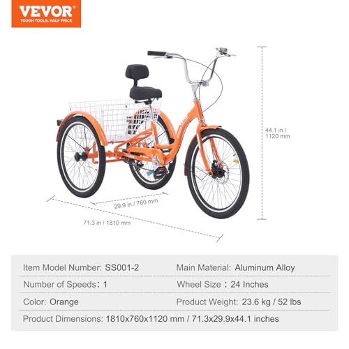 VEVOR Adult Tricycles Bike, 24 Inch Three-Wheeled Bicycles, 3 Wheel Bikes Trikes, Aluminum Alloy Cruiser Bike with Basket & Adjustable Seat