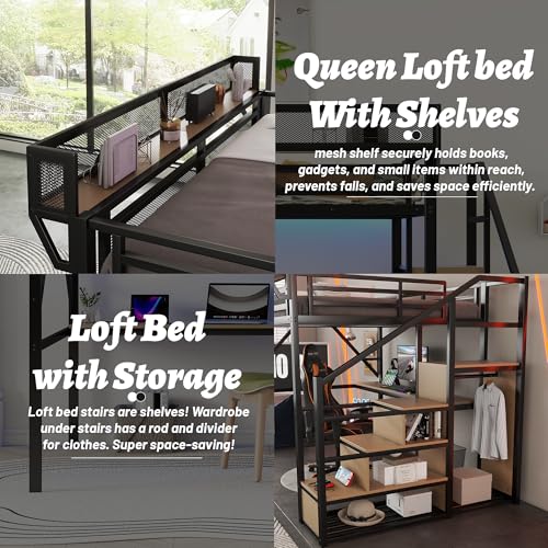 Full Size Loft Bed with Desk and Stairs, Heavy-Duty Steel Loft Bed Frame with Wardrobe & LED Light