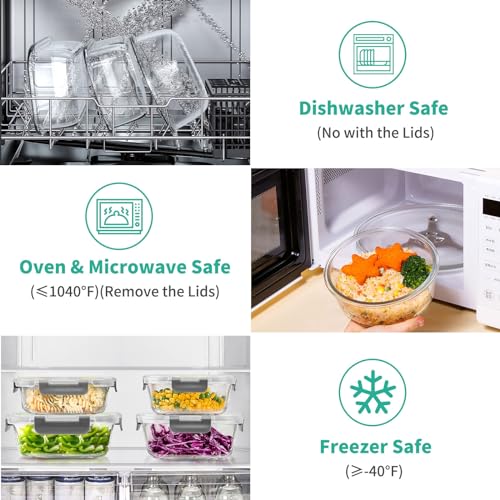 34pcs Glass Food Storage Containers with Lids Set, Airtight Glass Meal Prep Containers (17 Containers & 17 Lids),Leak Proof Lunch Containers BPA-Free