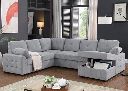 L-Shaped Pull Out Sleep Sofabed,Modern Reversible Sleeper Sectional Sofa Chenille Upholstered Button Tufted Decor with Storage Chaise