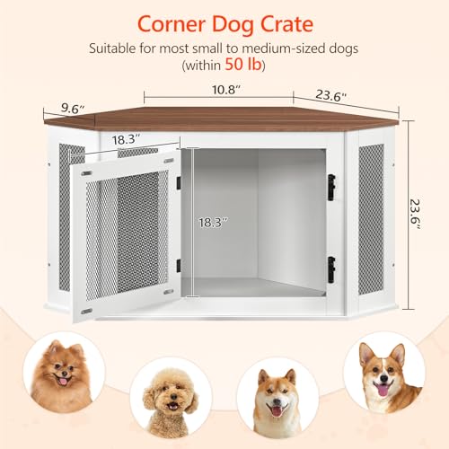 Corner Dog Crate Furniture, Wooden Dog Kennel End Table, Decorative Pet Crate Indoor Use, Furniture Style Dog House for Small Medium Dog