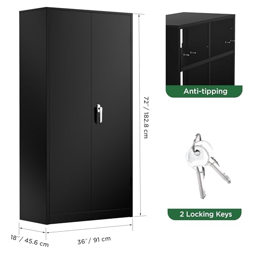 Greenvelly Metal Storage Cabinet, 72" Black Locking Metal Garage Storage Cabinet with Doors and 4 Adjustable Shelves