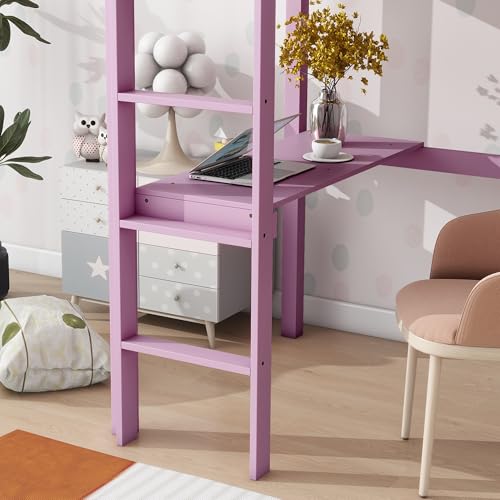 Low Loft Bed Twin Size, Kids Solid Wood Modern Loft Bed Frame with Ladder and Safety Guardrail for Girls Boys, Noise-Free,Non-Toxic Finishes