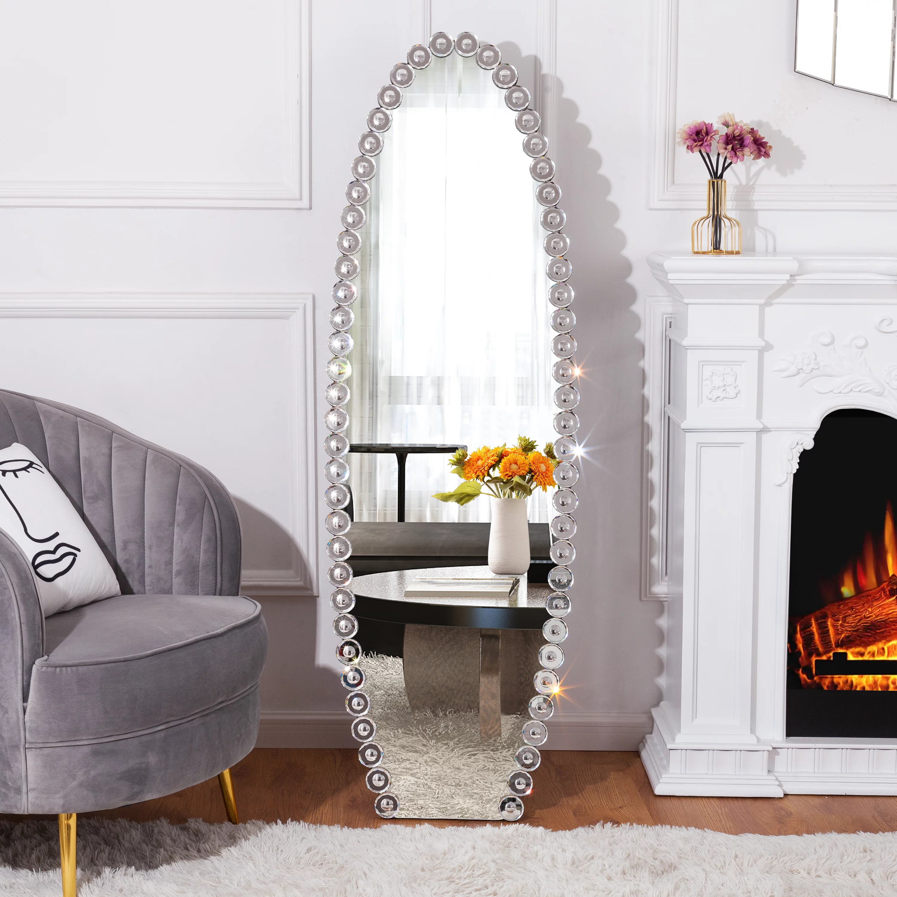 SHYFOY Oval Jeweled Floor Mirror Accent Crystal Full Length Mirror for Home Decor Living Room 61"X19.7"