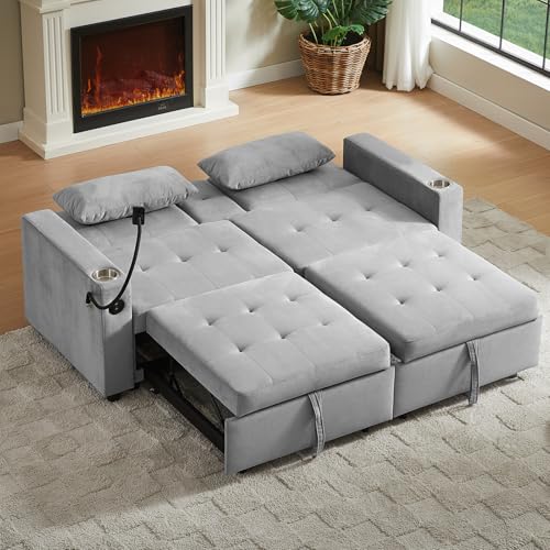 68.11" Corduroy Sleeper Chair Bed with USB Port, Cup Holders & Side Storage Pockets – 3-in-1 Foldable Sofa Bed for Guest Room, Living Room – White