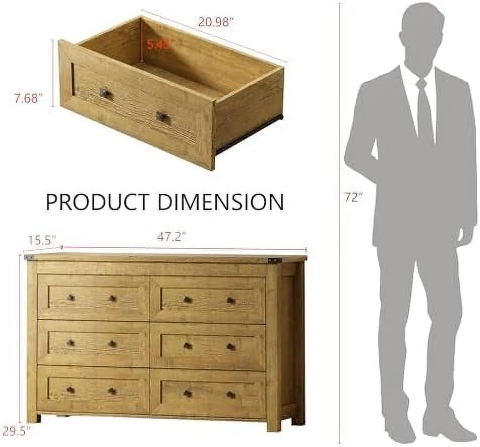 HJZUINIUNIU Farmhouse Dresser for Bedroom with 6 Drawers  Wood Rustic Wide Chest of Drawers   Dressers Organizer for Closet Hallway  Living Room