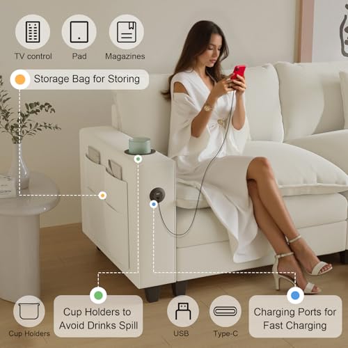 Modular Sectional Sofa, Cloud Couch with Ottoman, Charging Station, Throw Pillows, Cup Holders, Modern Convertible U Shaped Couches for Living Room
