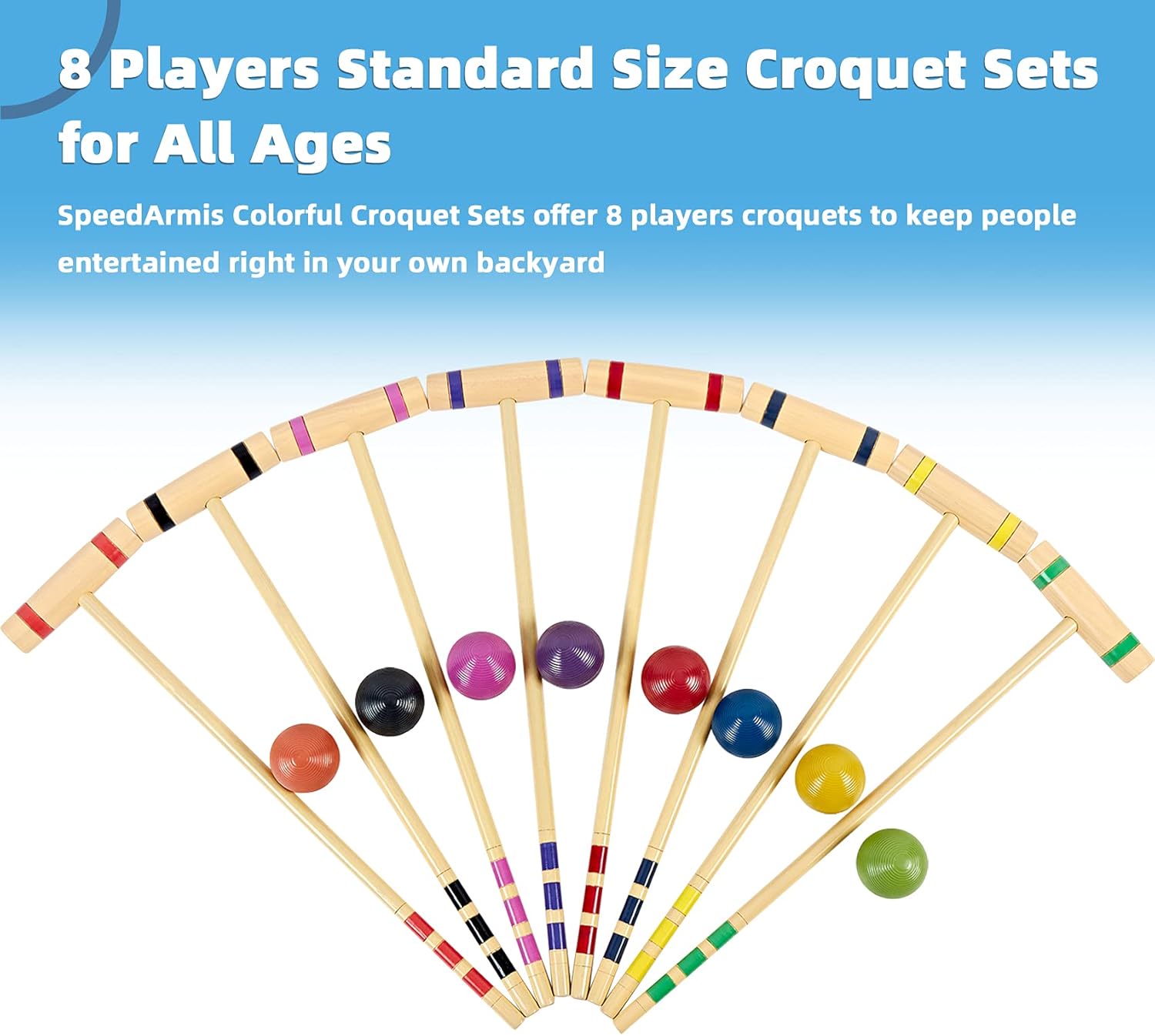 SpeedArmis 8 Players Croquet Set with 28In Pine Wooden Mallets, Colored PE Ball, Wickets, End Stakes