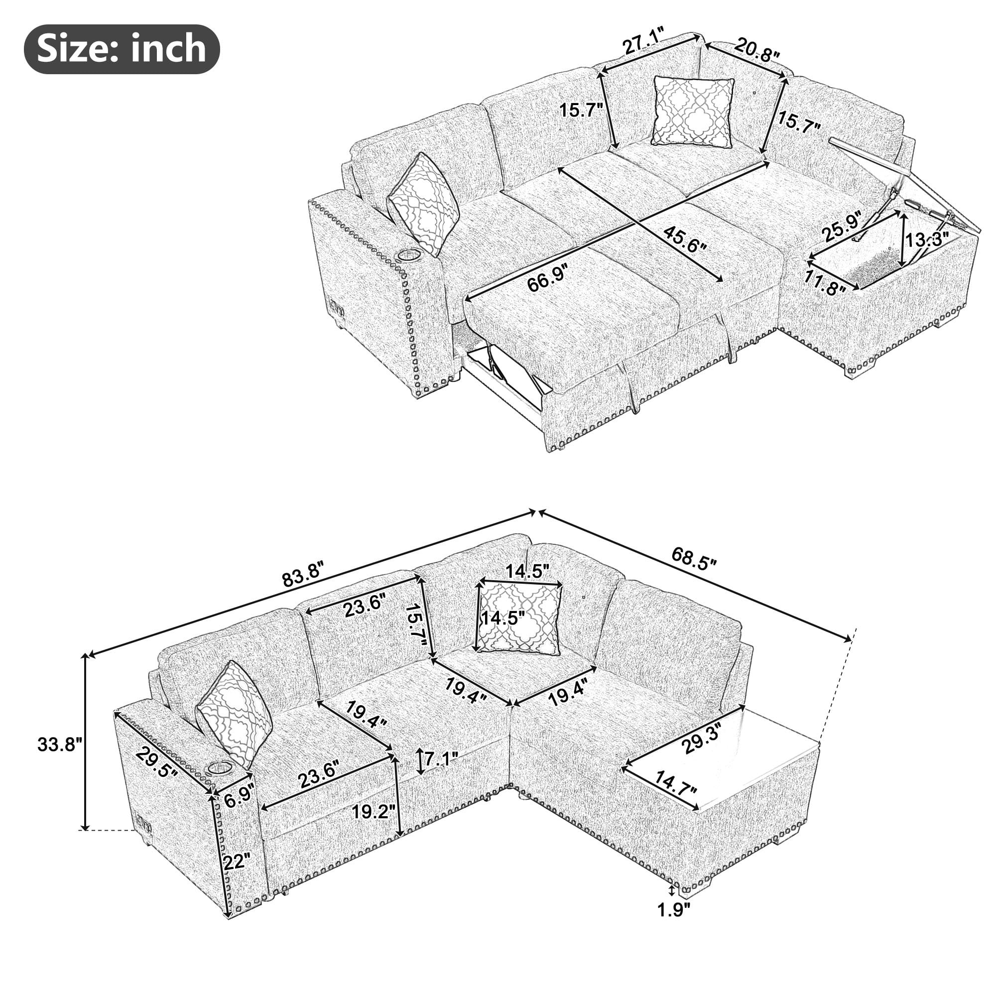 EUROCO 68.5" Chenille Wider Pull-Out Sofa Bed,  L-Shaped Reversible Sectional Sofa Couch with Storage Chaise, USB Ports, Power Sockets
