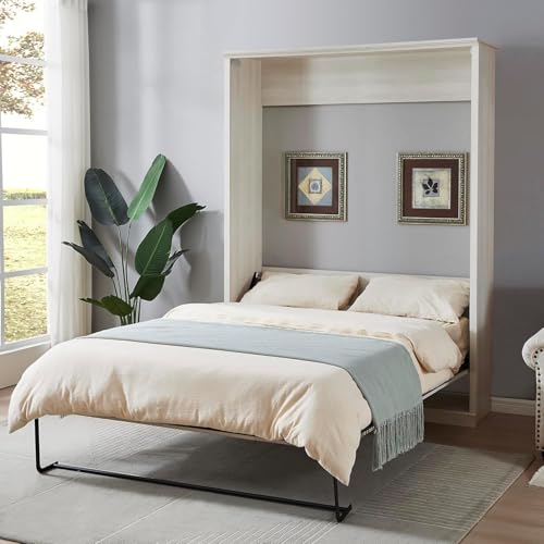 MERITLINE Queen Size Murphy Bed with Storage Bookcase Shelves,Cabinet and Charging Station,Wood Folding White Murphy Wall Bed