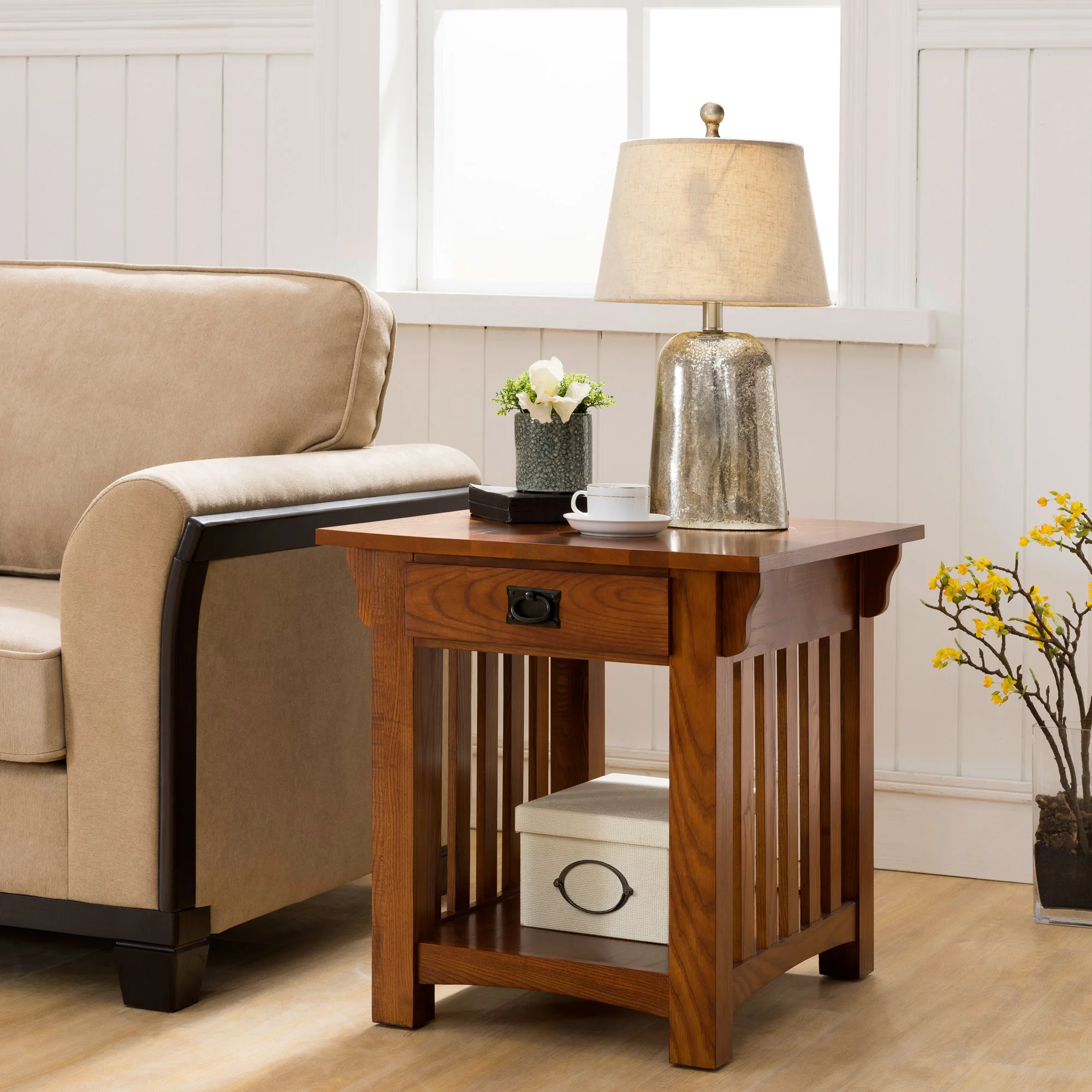 Leick Home 8207 Mission Impeccable End Table with Drawer, Made with Solid Wood, Side Table for Living Room, Bedroom, Medium Oak Finish