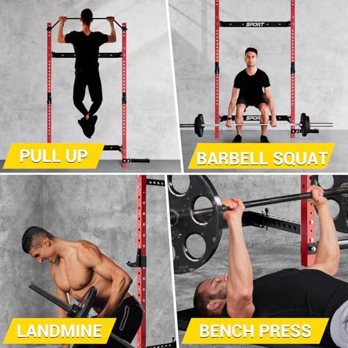 Folding Squat Rack for Home Gym, 2.36" x 2.36" Folding Power Rack with Pull Up Bar, J Hooks and Landmine Attachments