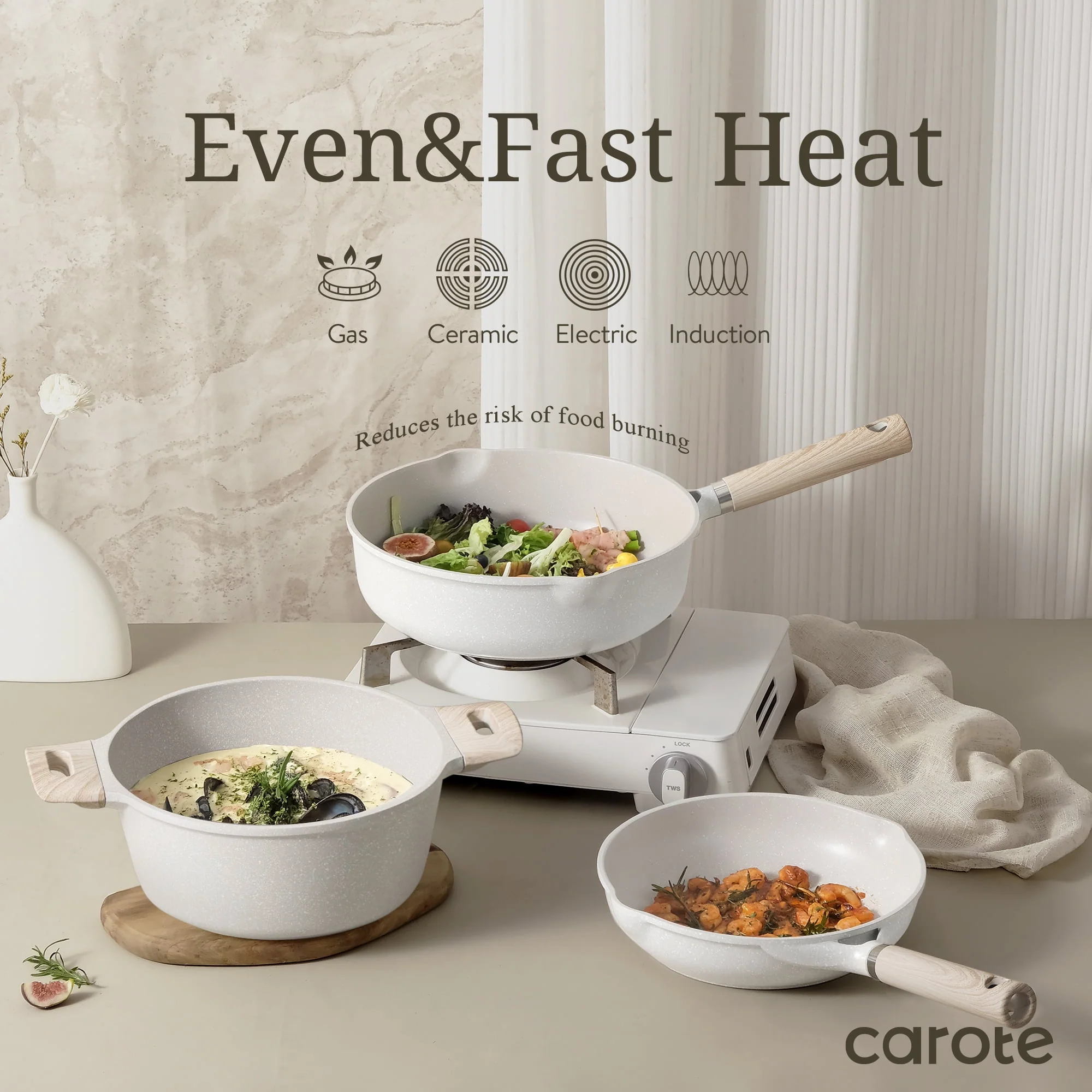 Carote Nonstick Pots and Pans Set, 21 Pcs Induction Kitchen Cookware Sets (Beige Granite)