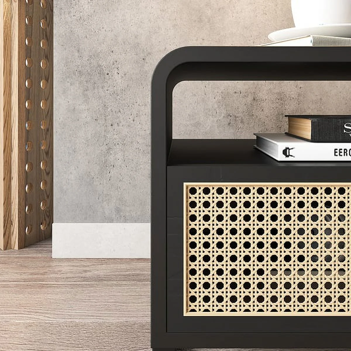 homary Minimalist Nightstand Rattan Woven Bedside Table with 1 Drawer Bedroom Furniture End Table Black
