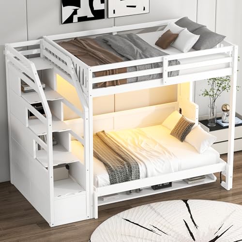Merax Queen Size Murphy Bed, Wooden Queen Murphy Bed Wall Bed with Sofa and Cushion, for Home Office or Small Room, White