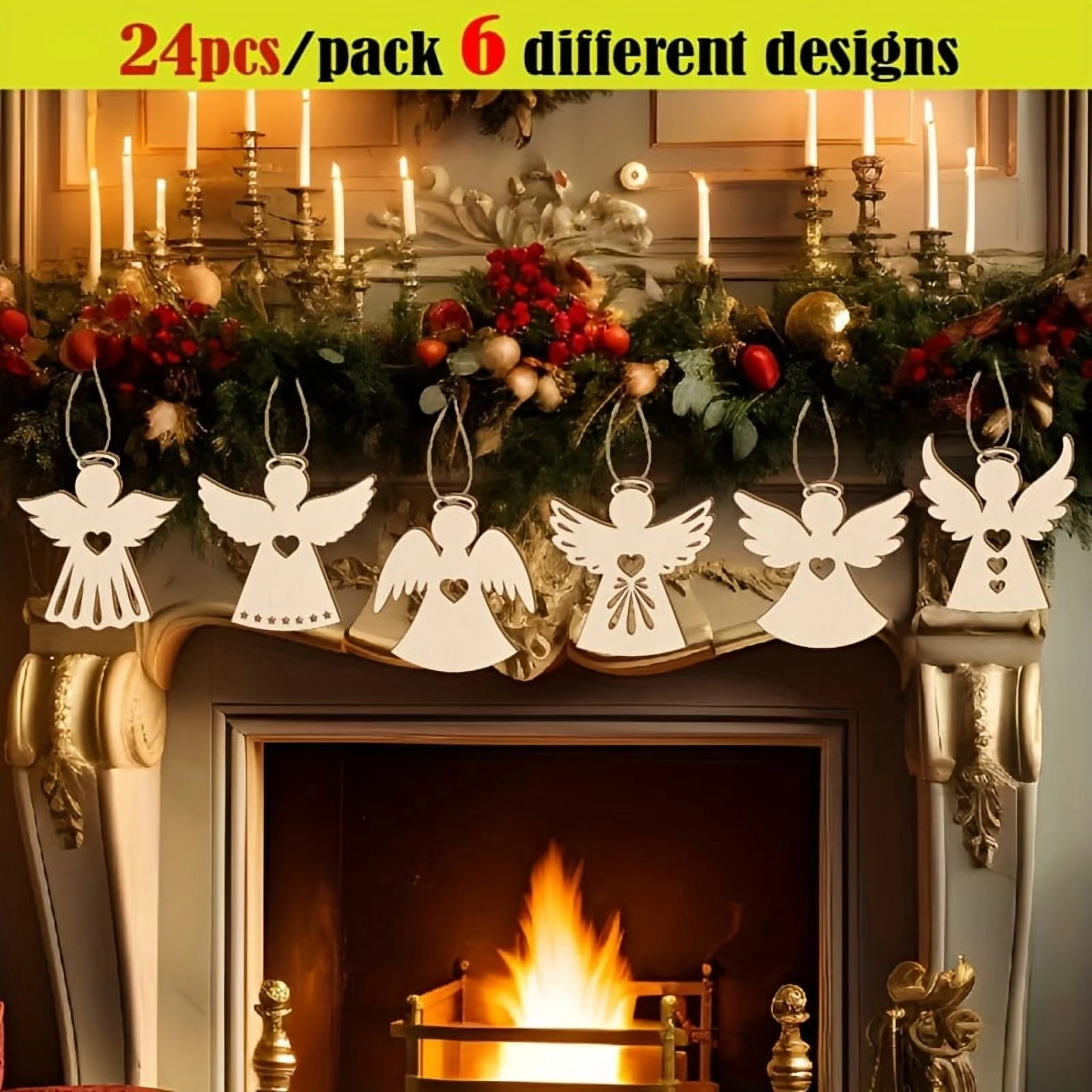 24pcs Unfinished Wood Hanging Decorations 6 Designs Angel Christmas Wooden Ornaments