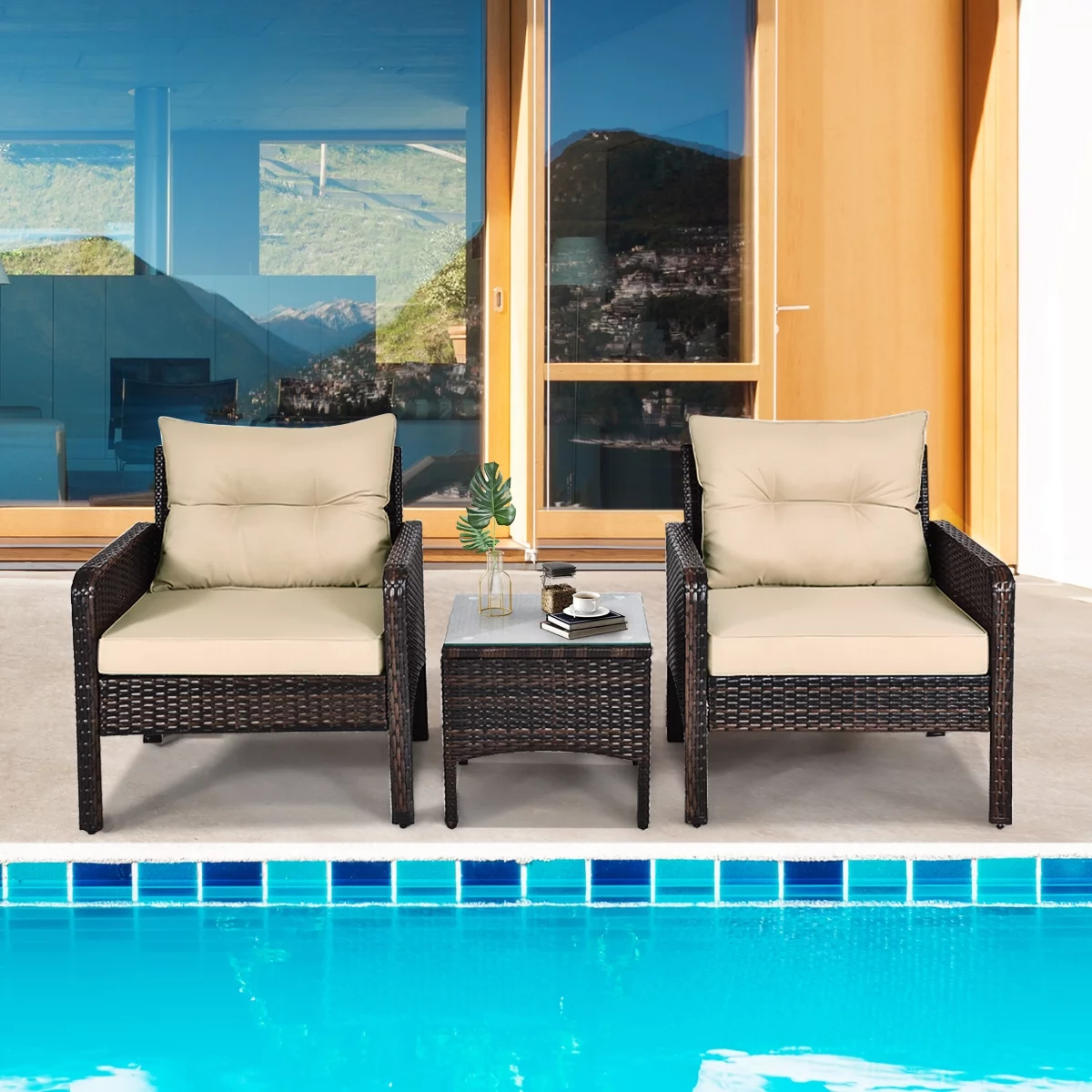 Gymax 3PCS Patio Outdoor Rattan Furniture Set Brown w/ Cushioned Chairs Coffee Table
