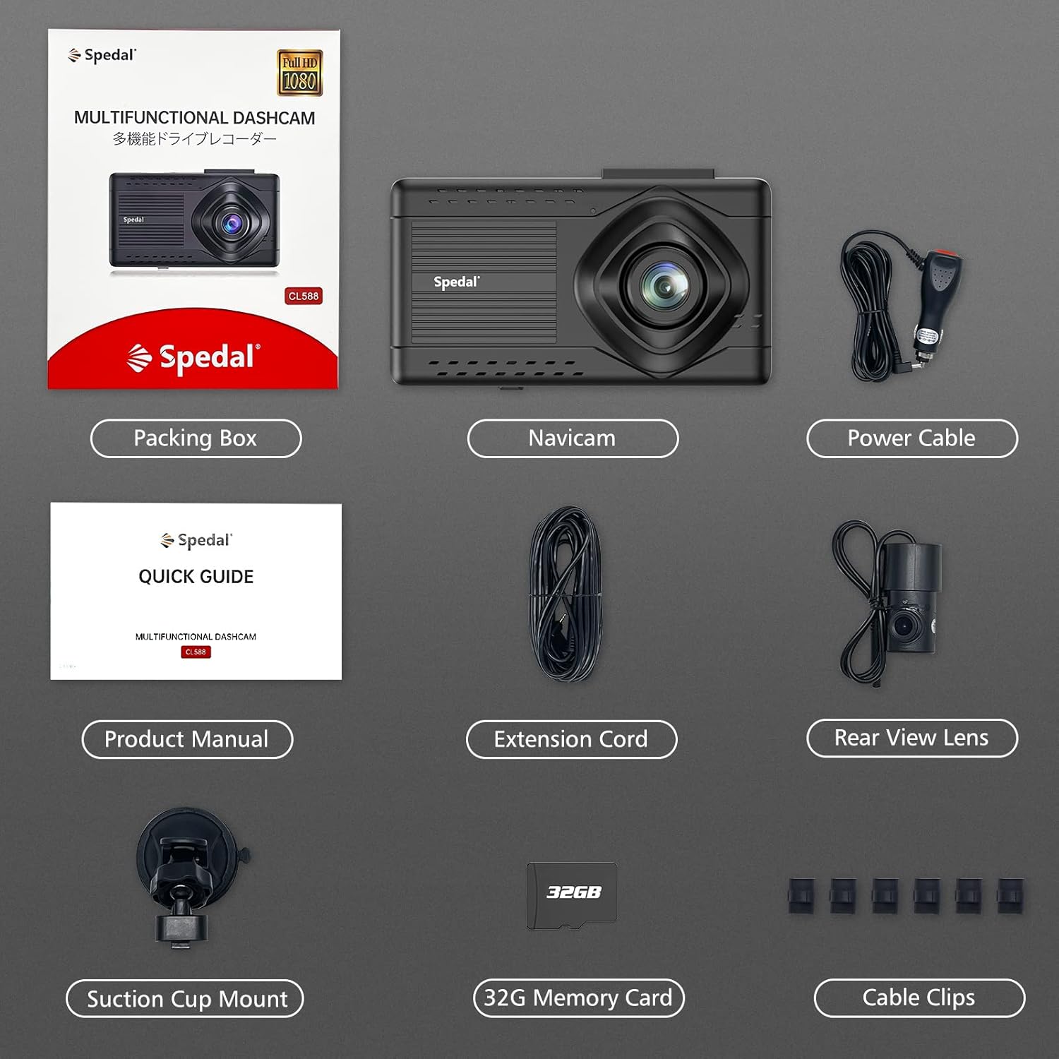Spedal All-in-one NaviCam - Dash Cam with Navigation, Compatible with Wireless Carplay/Android Auto, FM Transmitter, 1080P Front and Rear Cameras