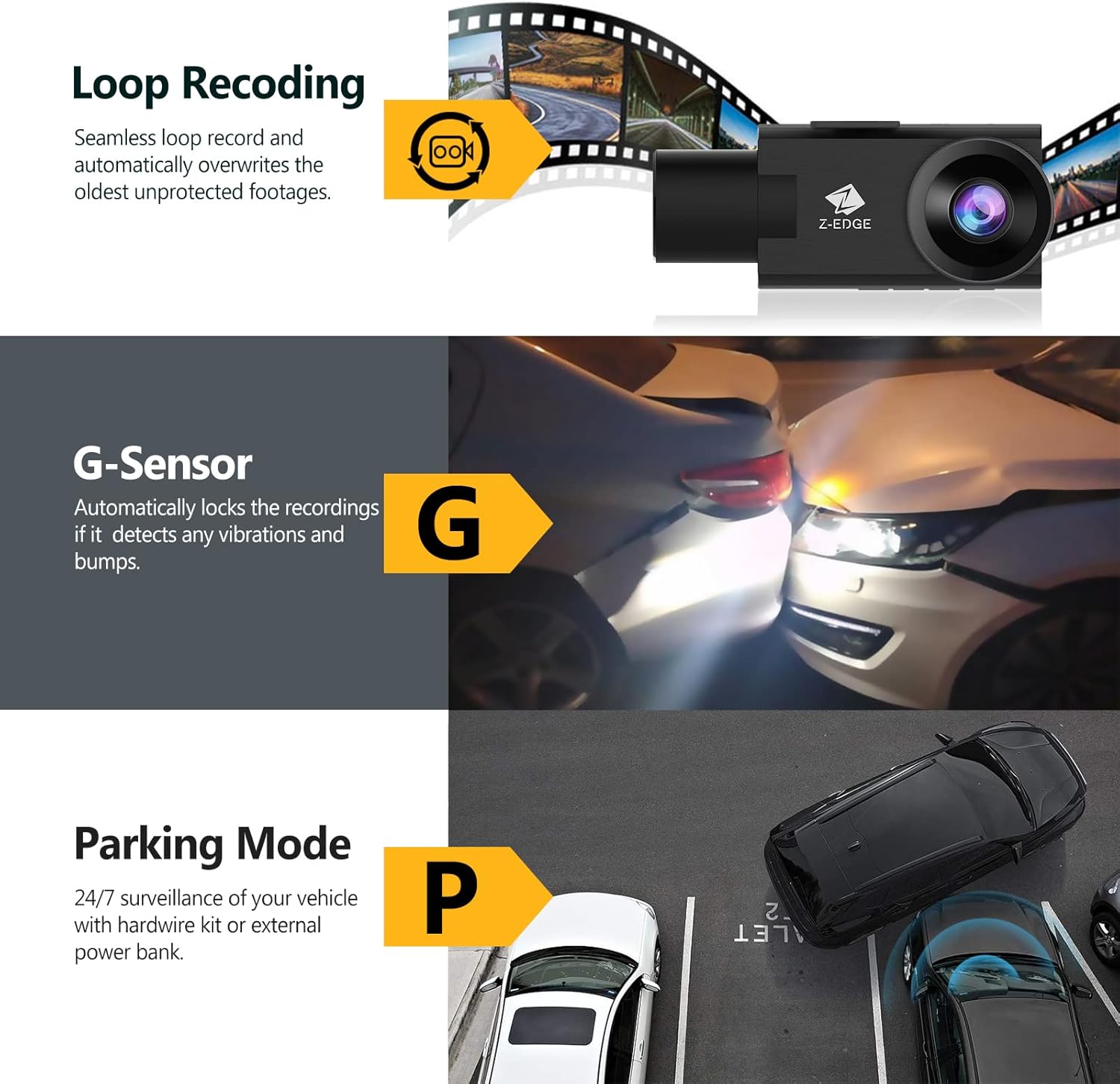 WiFi Dash Cam, Z-Edge New Version Z3Pro Dash Cam Front and Inside, 2K+1080P Front and Inside Dual Dash Cam, Car Camera, IR Night Vision, Parking Mode