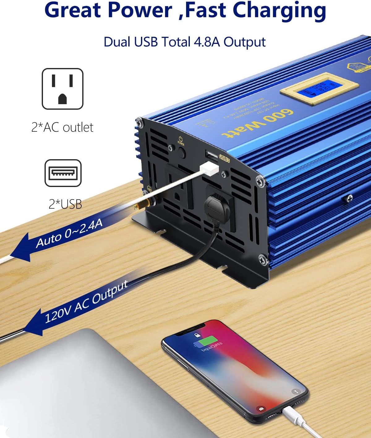 VOLTWORKS 600 Watts Pure Sine Wave Power Inverter 600w DC 12V to AC 110V 120V with Dual 2.4A USB Port & LCD Display Two AC Outlets for Car Truck RV