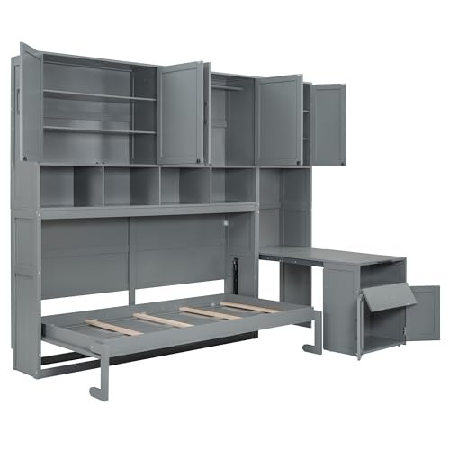 Twin Murphy Bed with Storage Cabinet, Bookcase, Storage Drawers and Desk, Wooden Wall Bed Frame Folding Bed Frame for Guestroom, Office, Apartment