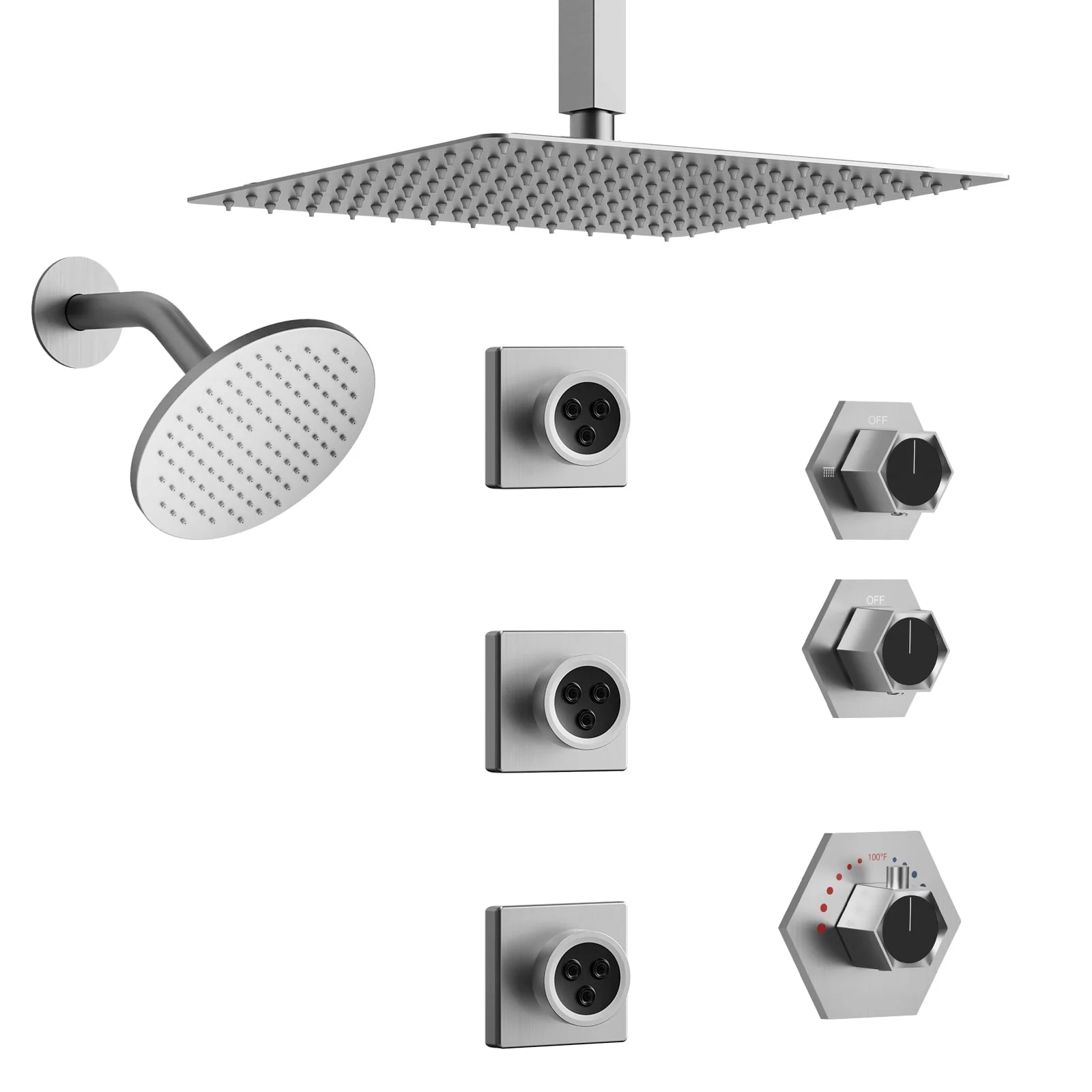 EVERSTEIN Dual Heads Thermostatic Shower Faucet Set 12" Rainfall & High Pressure 6" Fixture Shower System with Rough-in Valve Side Jets Spray Brushed