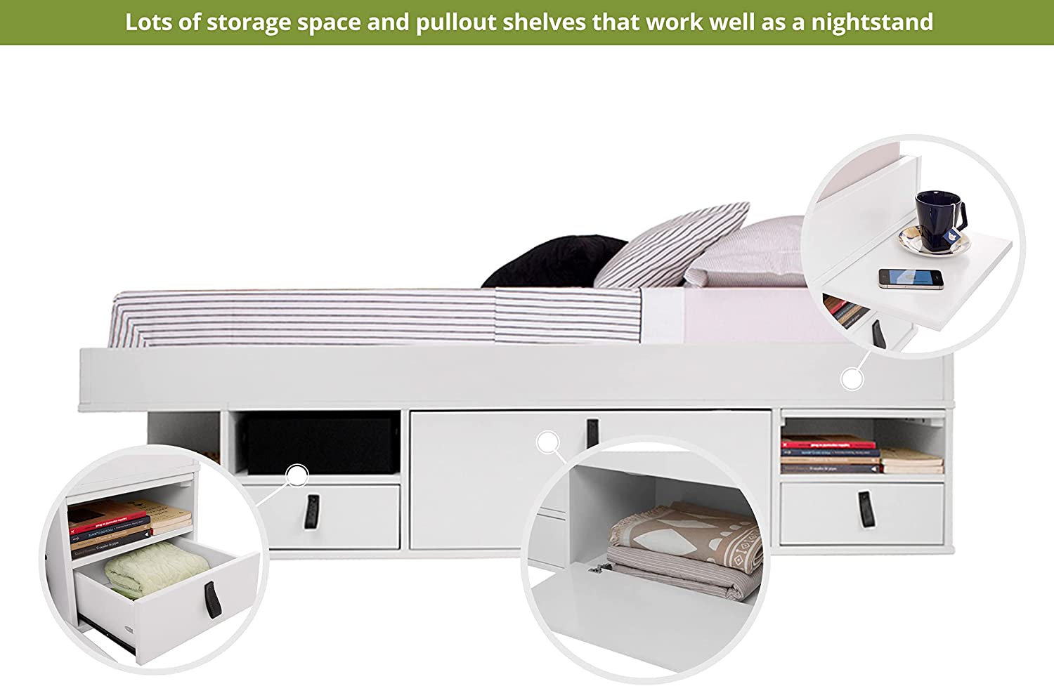 Memomad Set Bali White: Storage Bed Super King 6FT (180x200 cm) + Headboard 205 + Slatted Frame. Sturdy double bed frame and headboard with drawers