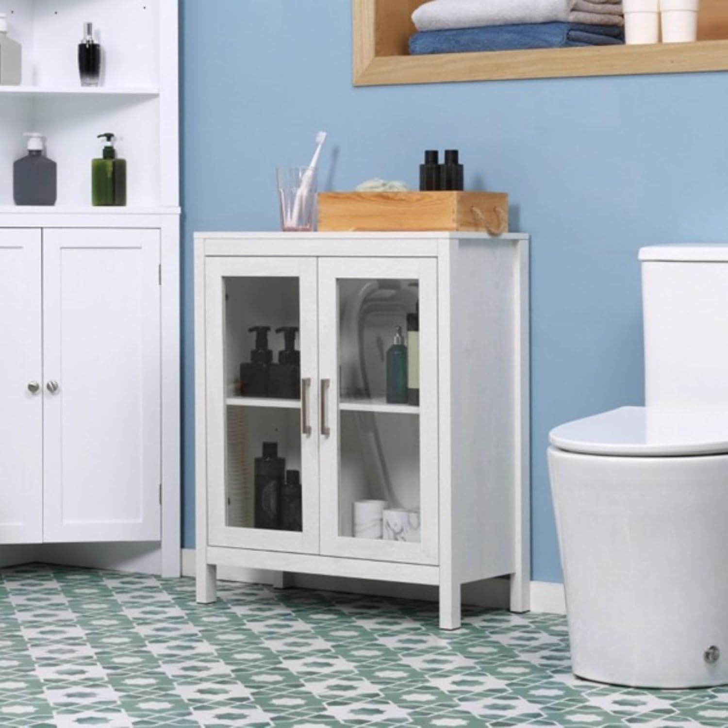 Free Standing Bathroom Cabinet with Doors - Floor Storage for Bathroom, Living Room, Home Office, White