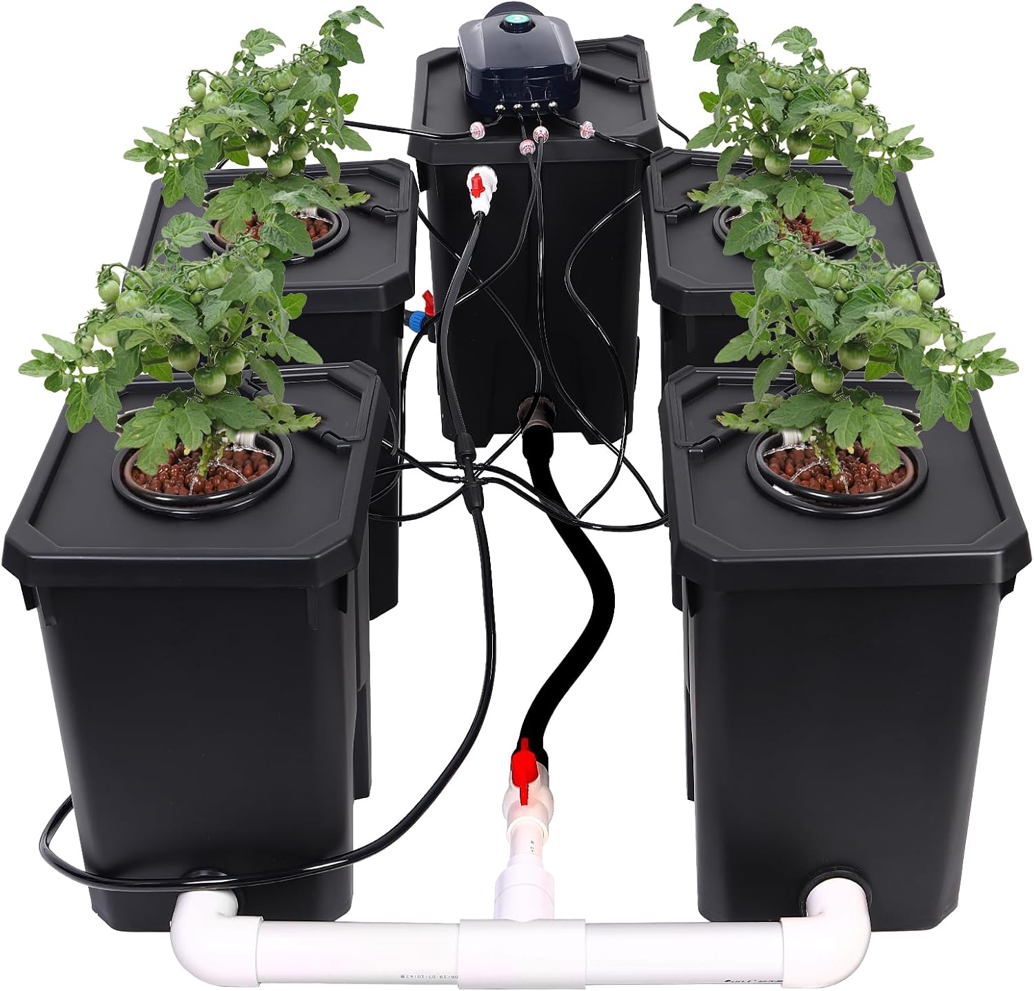 RDWC Hydroponics Grow System 4 Site + Reservoir, 7-Gallon Top Drip Recirculating Deep Water Culture Hydroponic Bucket System
