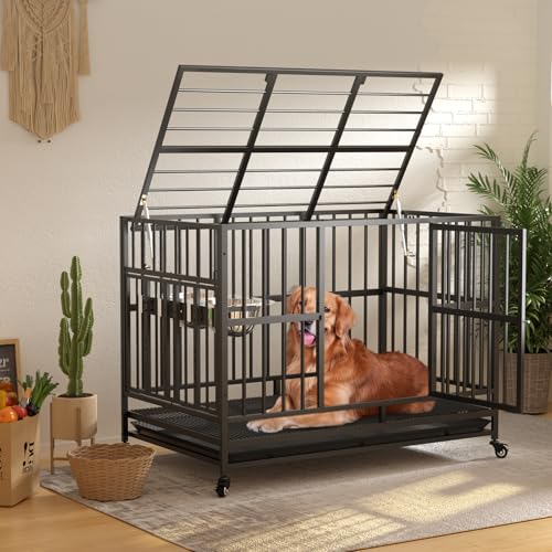 LOVMOR 48" Heavy-Duty Dog Crate with Wheels, Air-Lift Top, Dual 360° Adjustable Bowls – Ideal for Large Dogs