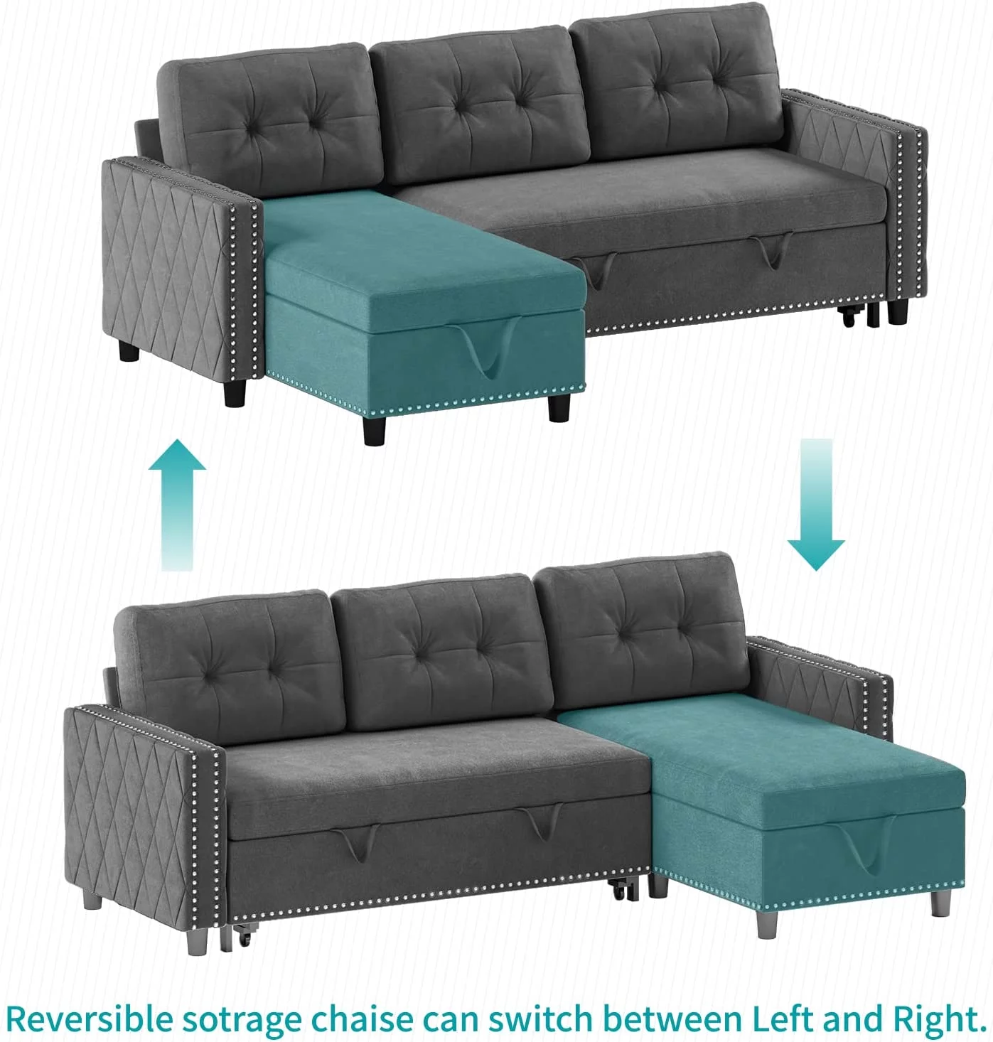 BALUS Reversible Sectional Sleeper Sofa with Storage Chaise, Velvet Upholstered L-Shape Sleeper Sectional Sofa Couch